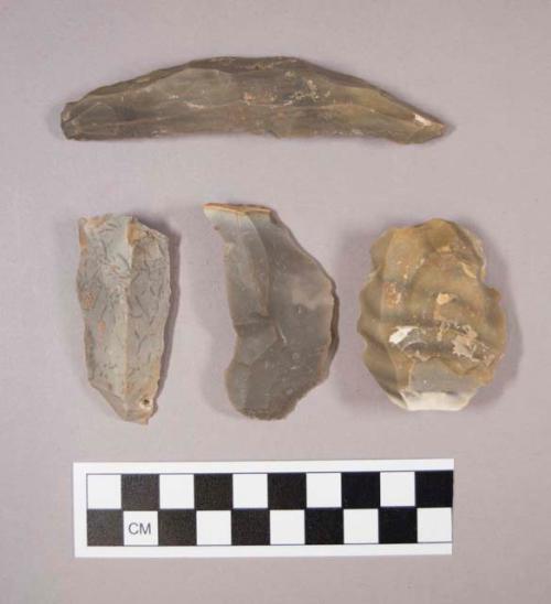 Flint flakes, including tan, cream, brown and grey colored stone, some include cortex