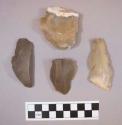 Flint flakes, including tan, brown, reddish brown, cream and grey colored stone, some including cortex