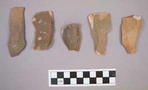 Flint flakes and cores, including tan, grey and brown colored stone, some contain cortex