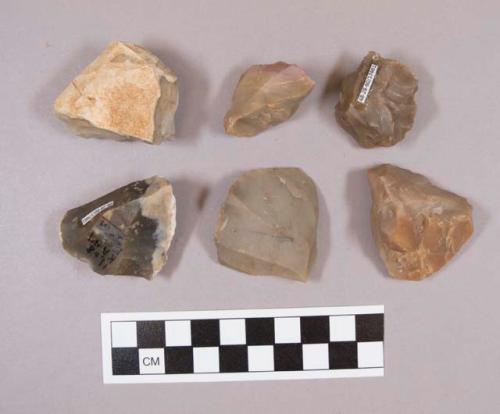 Flint cores, including tan, grey, pink, brown and cream colored stone, some contain cortex