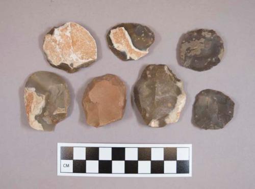 Flint scrapers, including brown, grey, tan and pinkish grey colored stone, some contain cortex