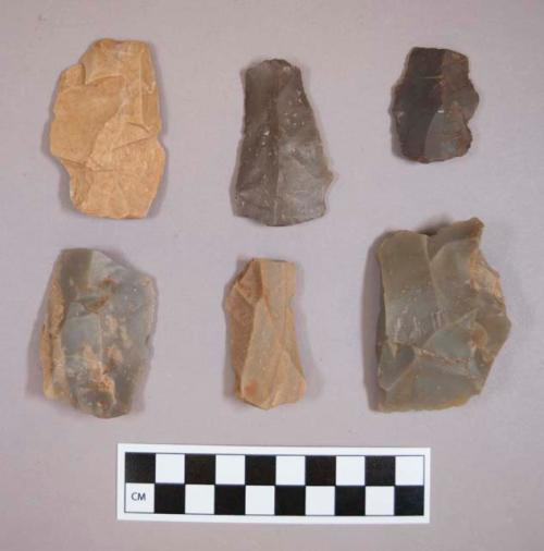 Flint flakes, including tan, grey and brown colored stone, some include cortex