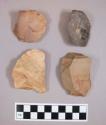 Flint flakes and cores, including tan, grey and red colored stone