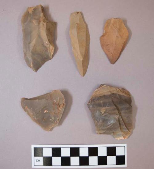 Flint flakes and blades, including tan, brown, grey and cream colored stone, some contain cortex