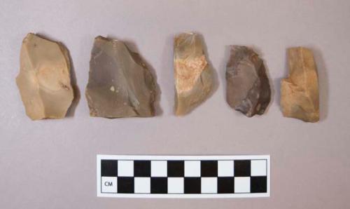 Flint flakes, including tan, cream, brown, grey and purple colored stone, some contain cortex