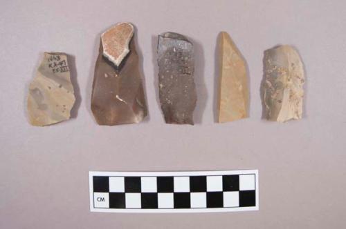 Flint flakes, including tan, grey, brown, cream and red colored stone, some contain cortex