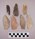 Flint flakes and blades, including tan, brown, grey, cream, red, purple and orange colored stone, some contain cortex