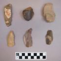 Flint flakes, including tan, grey, cream, purple and brown colored stone, some contain cortex