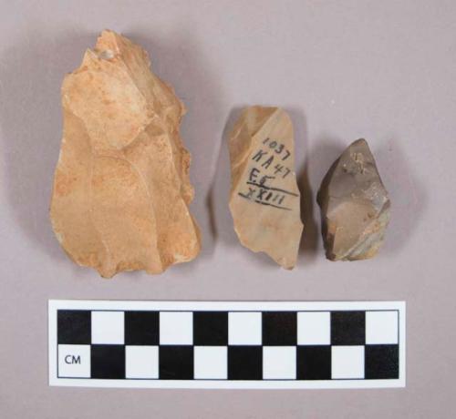 Flint flakes and cores, including brown, tan and grey colored stone