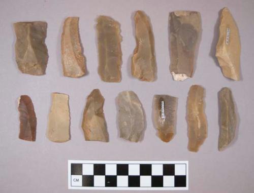 Flint flakes, including tan, grey, brown, red and cream colored stone, some contain cortex