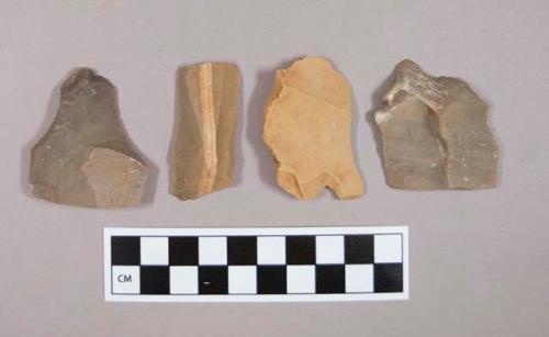 Flint flakes and blades, including tan, brown, cream and grey colored stone, some contain cortex