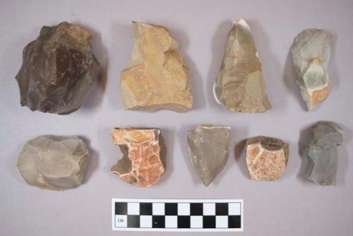 Flint cores, including grey, cream, tan and brown colored stone, some contain cortex