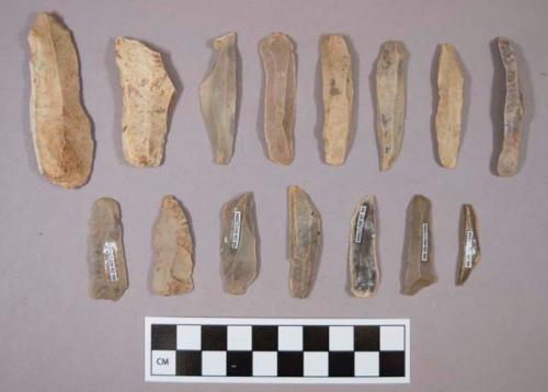 Flint flakes and blades, including grey, cream, tan and purple colored stone, some contain cortex