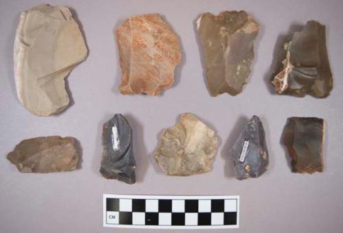 Flint flakes, including grey, brown, tan, cream and rust colored stone, some contain cortex