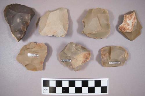 Flint cores, including tan, grey, cream and brown colored stone, some contain cortex