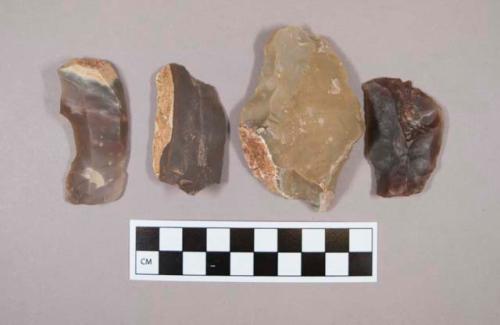 Flint flakes, including grey, tan, brown, cream and reddish-purple colored stone, some contain cortex