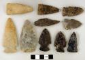 Chipped stone, projectile points, corner-notched, side-notched, stemmed, ovate, and triangular