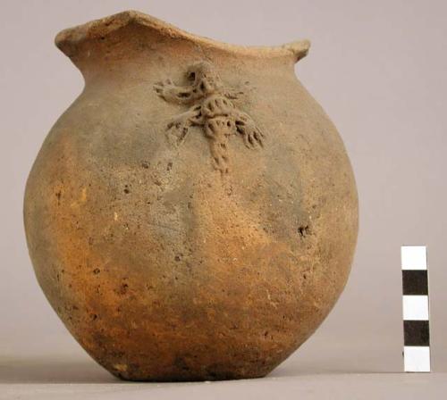 Pottery vessel -- consticted mouth, appliqued design on one side