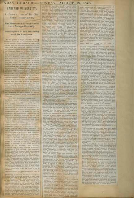 Newspaper clipping, Harvard University.  A Glance at One of Its Most Useful Departments.  The Museum Founded by the Late George Peabody."