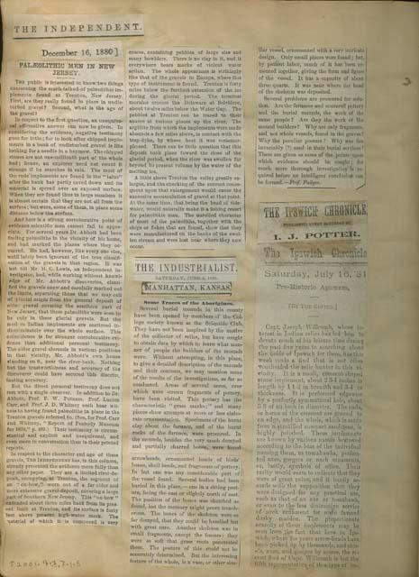 Newspaper clipping from "The Independent,"  December 16, 1880, "Paleolithic Men in New Jersey"