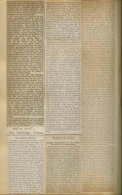 October 5, 1889 Cambridge Tribune newspaper article on the Peabody Museum.