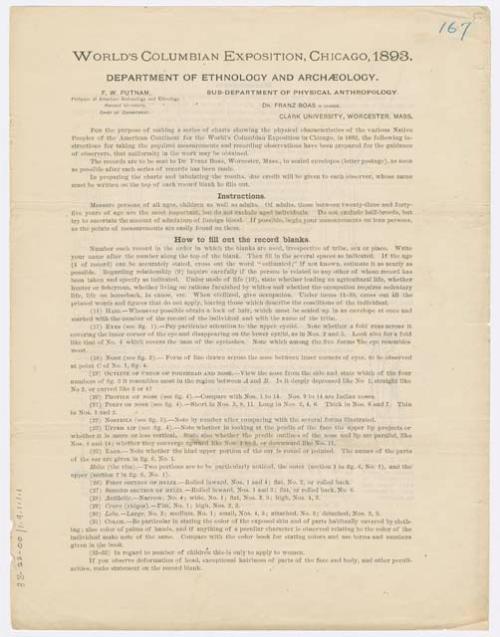 World's Columbian Exposition, Instructions for taking measurements of people to make charts, p. 1