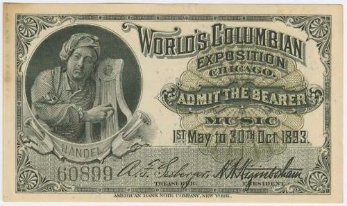 World's Columbian Exposition official souvenir ticket with vignette of Handel