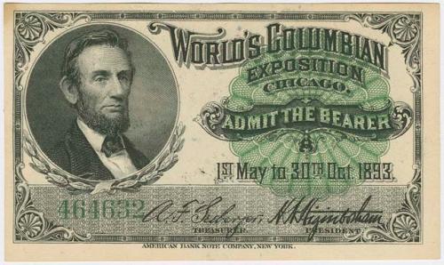 World's Columbian Exposition official souvenir ticket  with vignette of Abraham Lincoln