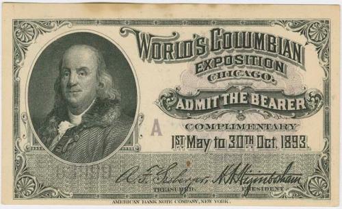 World's Columbian Exposition official souvenir ticket with vignette of Benjamin Franklin