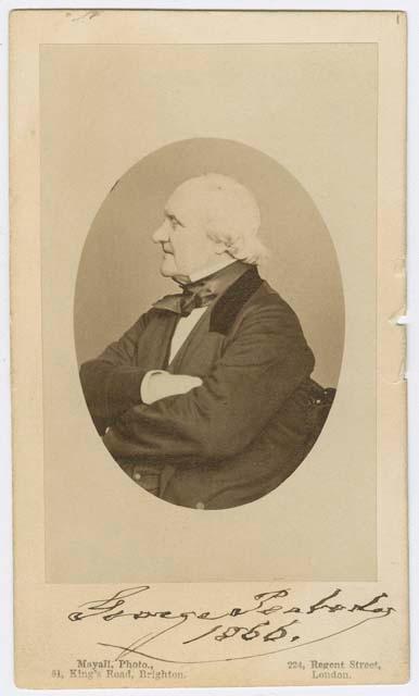 George Peabody, carte de visite, profile with arms crossed.