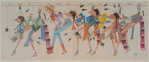 "Chicken Dance"; five Native dancers; drawn after genre of ledger art