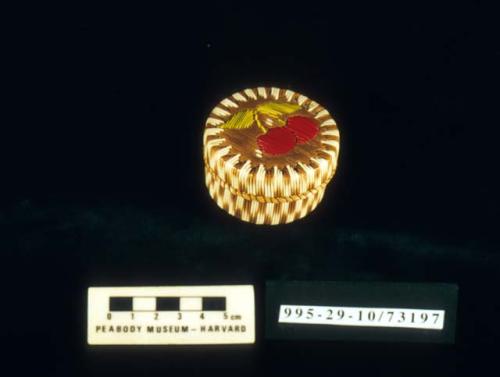 Miniature quilled birch bark basket with lid; cherry motif