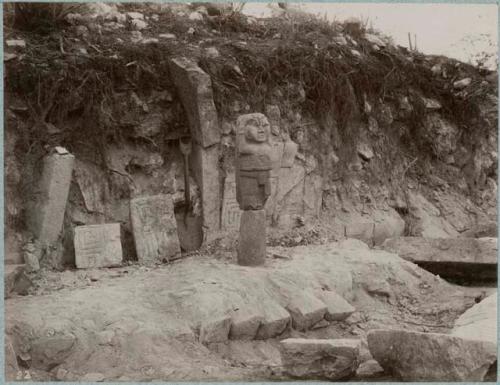 Doorway, statue and sculptured tablets from Mounds 5 & 6