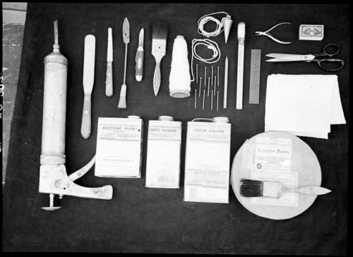 Tools and supplies for stripping murals.