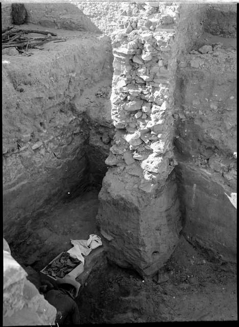 Church B, footing wall between rooms 443 and 444, from inside kiva 788, looking SW.  "Awa., fig. 21,d."