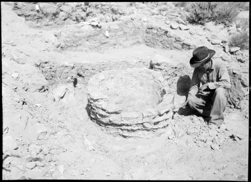 Pink Arrow, firepit in Square A, looking southwest