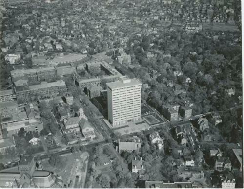 Aerial view of Peabody Museum to the center left, Kirkland and Divinity Street, William James Hall center