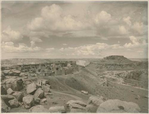 Hopi village of Shipolovi and part of Mishongnovi from the rock east of Mishongnovi