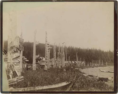 Indian village and totem poles at Skidegate, British Columbia