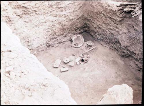 Church B, room 403, from SE, showing pottery, stone objects, etc.