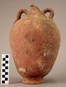 Jar of red brown ware, two handles, corrugation on shoulder