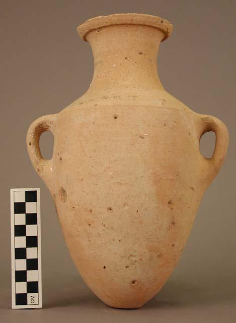 Small pottery jar - round pointed base; painted red & black bands;