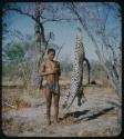 Man standing next to a dead leopard hung from tree