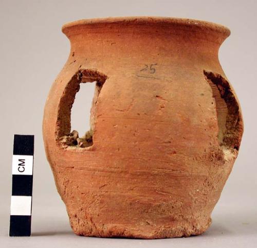 Brazier, pottery, with 4 rectangular cutouts on sides