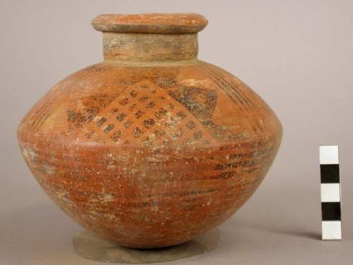 Pottery jar, small, red, black ornemtation on upper zone