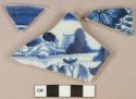 Blue handpainted Chinese trade porcelain vessel body, base, and rim fragments, white paste