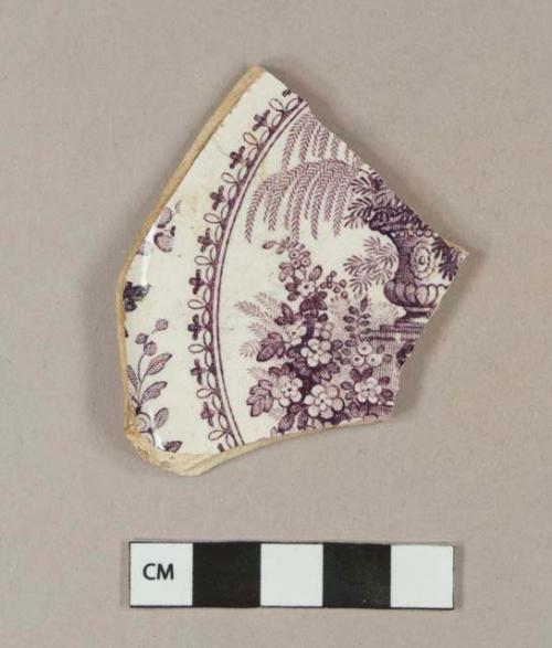 Purple transfer printed whiteware base sherd. Partial makers mark on base: "Bu / R."