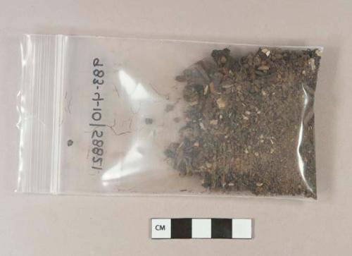 Soil sample; contains some noticeable bone, wood, charcoal, and mortar fragments