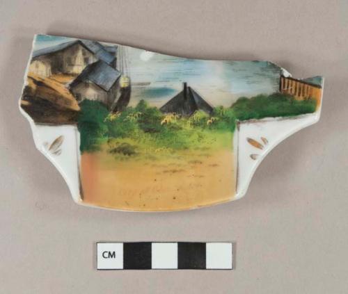 Polychrome hand painted porcelain dish sherd. Some hand painting overglaze. Gilded overglaze. Squared rim. Text painted overglaze: "City of Gloucester". Makers mark stamped on base: "by S. S. Hartwell / Gloucester / Mass."