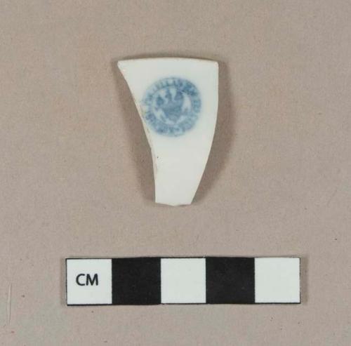 Blue transfer printed porcelain; printed with a possible maker's mark, only legible word is "Porcellan"